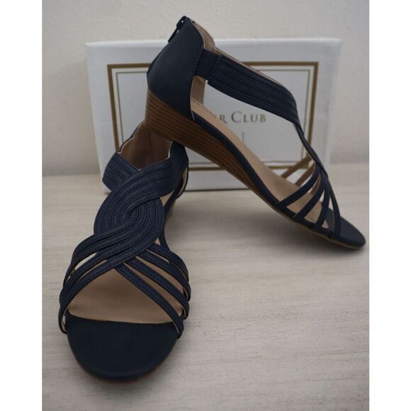 Charter Club Women's Sz 8 M Navy Ginifur 2 Faux Leather Strappy Wedge Sandals - Picture 2 of 11